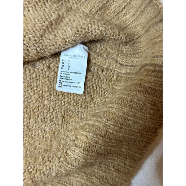 American Eagle Women’s Camel Knit Hoodie Sweater Small | Wool Blend V-Neck - Image 3