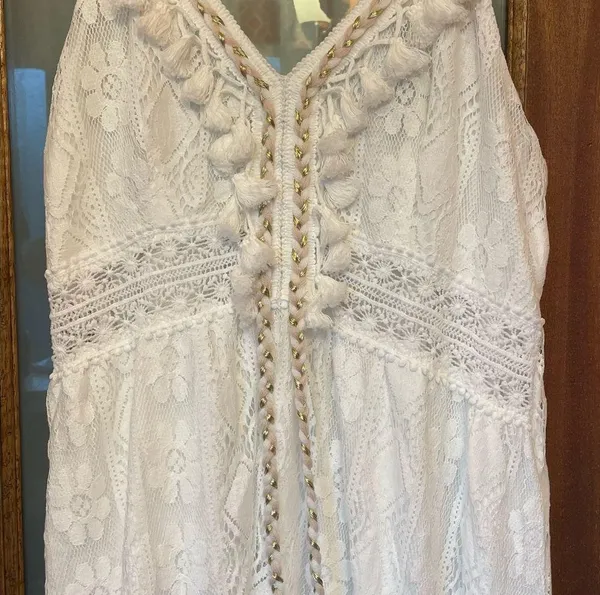 Cupshe White Lined Boho Hippie Bridal Beach Hi Low Spaghetti Strap Dress NWT XL - Image 2