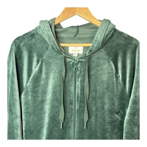 OFFLINE by Aerie Velour Zip Up Hoodie‎ Womens Medium Green Velvet Loungewear - Image 5