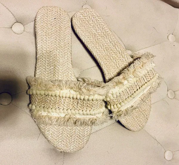 Fringe Straw Boho Sandals Open Toe Slides White Size 6 - Image 10