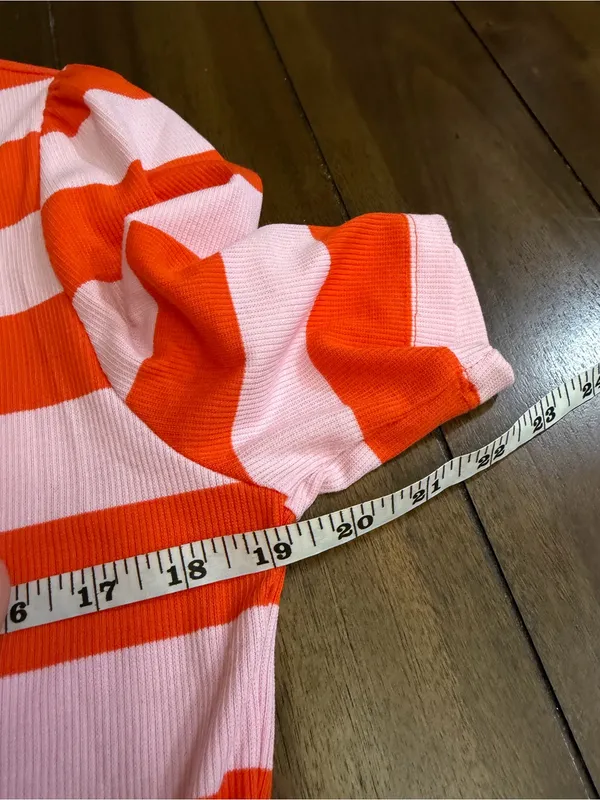 CATO Ribbed Striped Heart Neck Top Size L Pink Orange Puff Sleeve Stretch Knit - Image 4