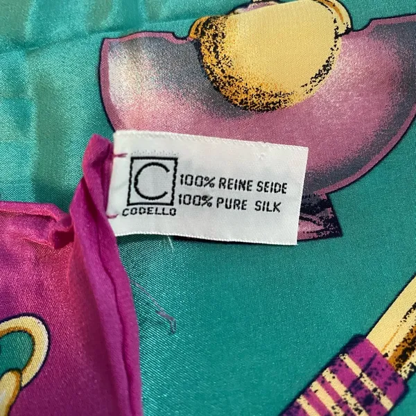 Vintage 100% silk scarf by Cordello. Motif features items from a vanity table. - Image 3