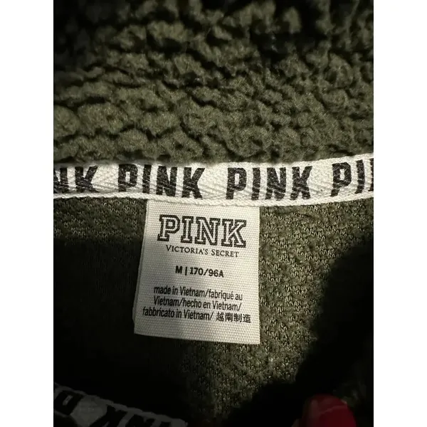 PINK Victoria's Secret Quarter Zip Sherpa Fleece Size Medium Olive Green Warm - Image 3