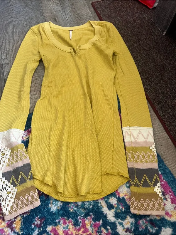 Free people Mustard Yellow Women's Knit Sweater with Patterned Crochet Cuffs - Image 2