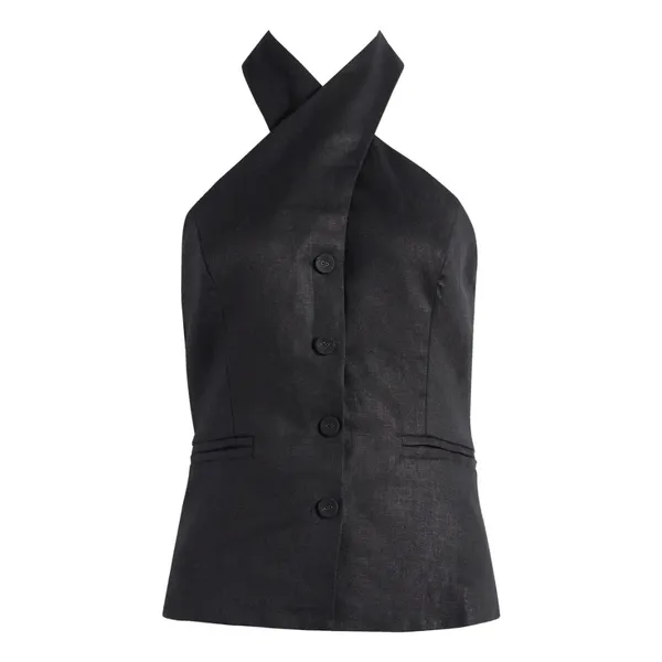 Reformation | Tate 100% Linen Halter Button Vest Top in Black | size 6 - Image 8