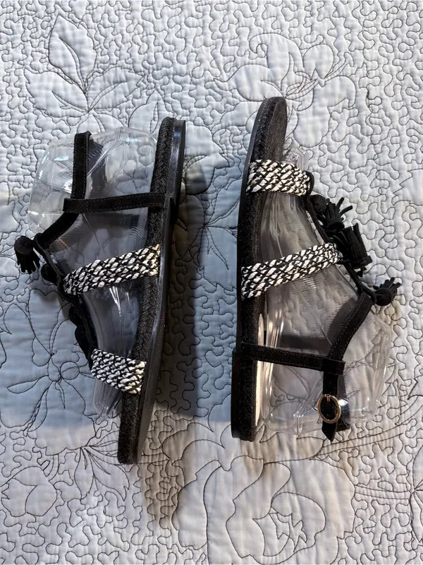 Anthropologie Fringed Rope Tassel Sandals Black White Woven Boho Sandals Sz 8💛 - Image 4