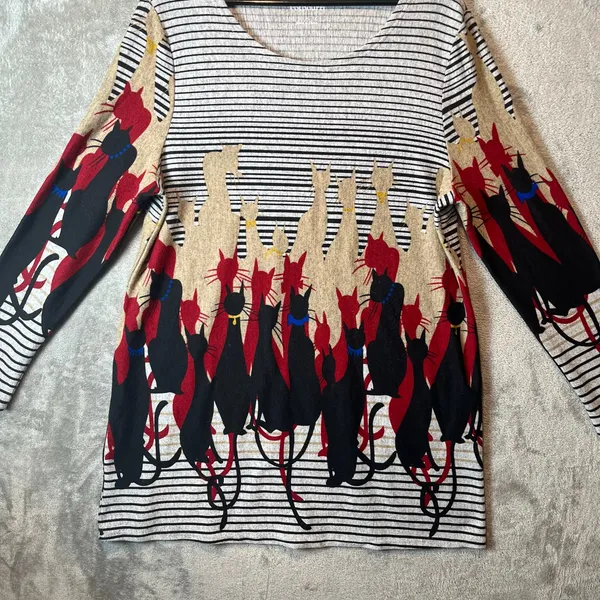 Whimsical Retro Cat Print Tunic Dress Vintage Inspired‎ Boho Aesthetic Artsy LG - Image 2