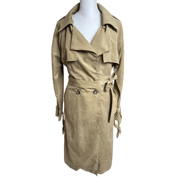 boohoo Tan Faux Suede Trench Coat M NWT Oversized Belted Minimalist - Image 2