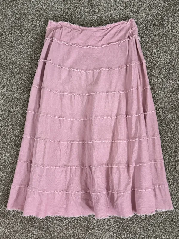 Metro Girl Pink Corduroy Tiered Midi Skirt Y2K Balletcore Raw Hem Size 10 Pastel - Image 9