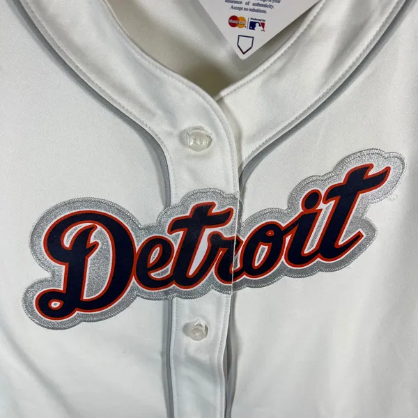Majestic MLB Detroit Tigers Baseball Jersey Womens Large White Grey Glitter Logo - Image 4