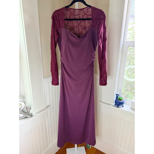NWT Halara Purple Lace Sleeve Cowl Neck Ruched Midi Dress Size M - Image 2