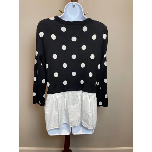 Ann Taylor Factory Sweater Size M Black White Polka Dot Faux Ruffle Shirt Tail - Image 3