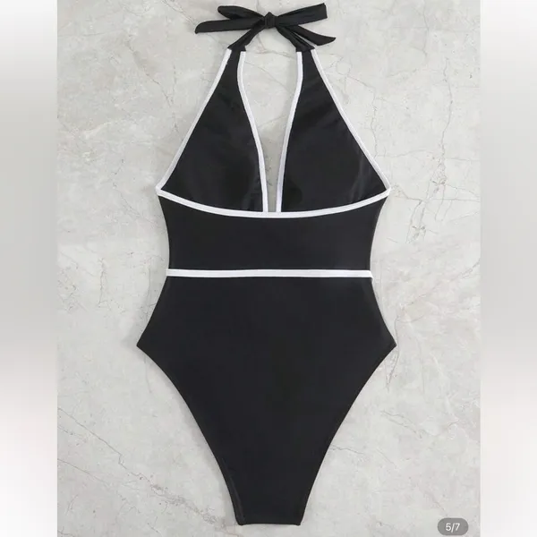Black One Piece Swimsuit Halter Neck Wirh Bow Belt S - Image 5