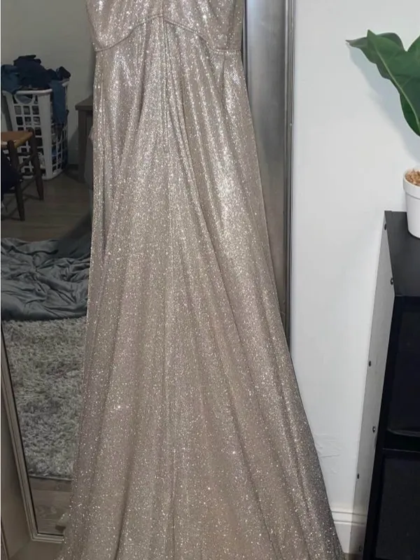 Sherri Hill Champagne Sparkle Plunging A-Line Gown - Image 4