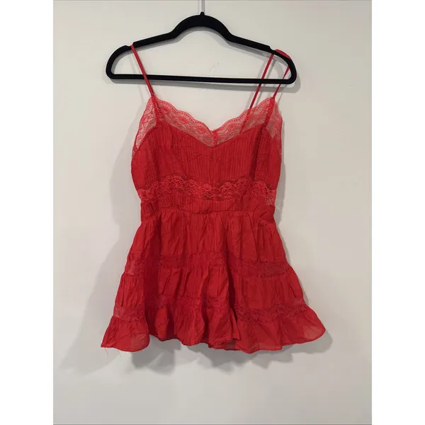Free People Selia Slip Racing Red V Neck Tiered Lace Straps Size Small 2465 - Image 3