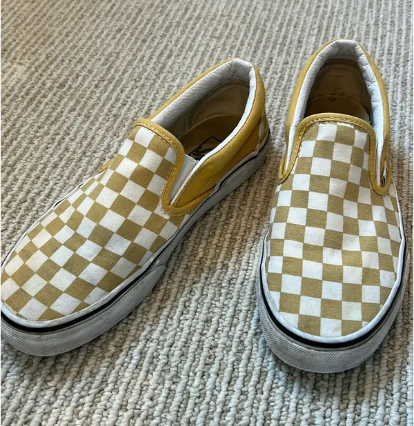 Gold and White Checkerboard Vans Slip Ons Women’s 7 - Image 2