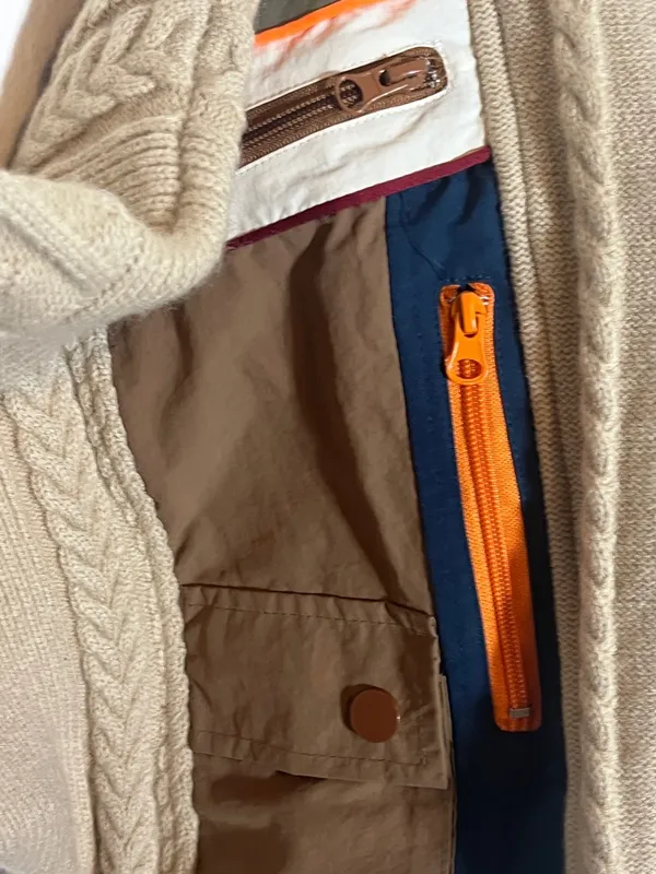 Cable Knit Button-Detail Beige Sweater with Color-Block Sleeve - Image 5