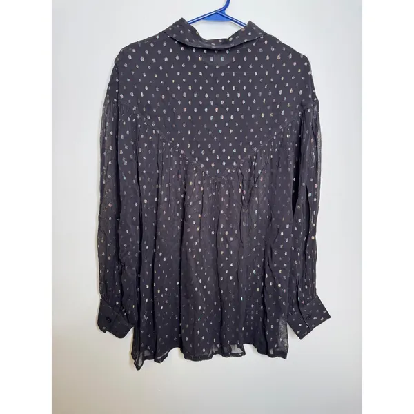 Venus Button Down Shirt Womens 8 Black NWT Metallic Rainbow Foil Polka Dot Top - Image 6