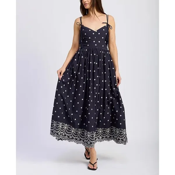 En Saison Womens Midi Dress Size S Navy White Cotton Embroidered Hem Tie-Straps - Image 4