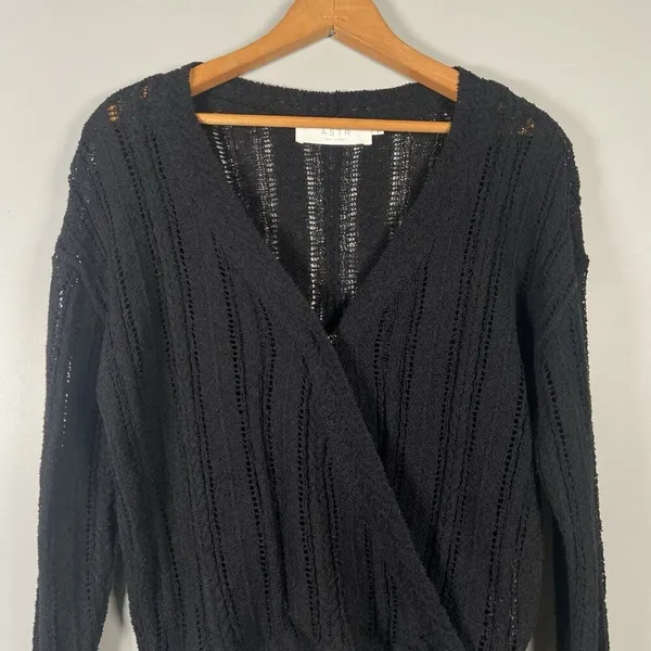 ASTR The Label S Faux Wrap V-neck Pointelle Knit Pullover Sweater‎ Black ($79) - Image 3