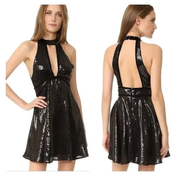 Free People Size 4 Mini Dress‎ Black "Film Noir" Sleeveless Sequins Plunge - Image 2