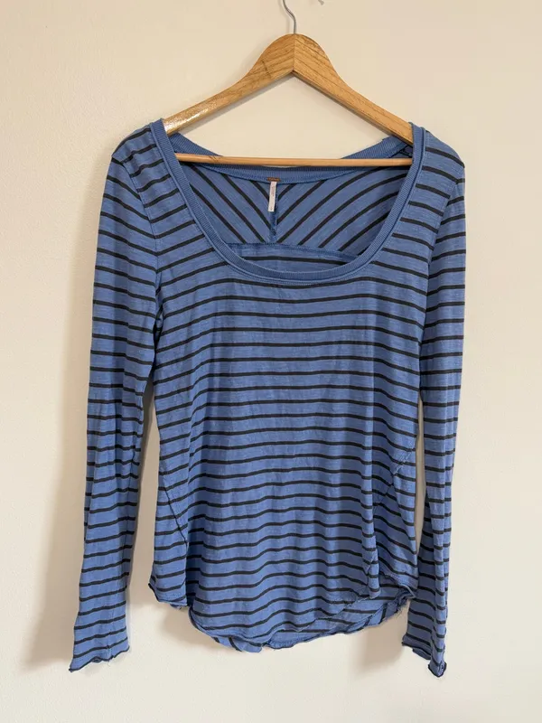 Free People Striped Blue Long Sleeve Top Size Large Shirt Boho Cotton - Image 2