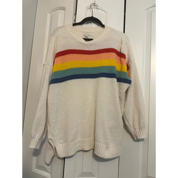 American Eagle‎ Womens Rainbow Striped Knit Sweater Cream Pullover XS XSmall - Image 3