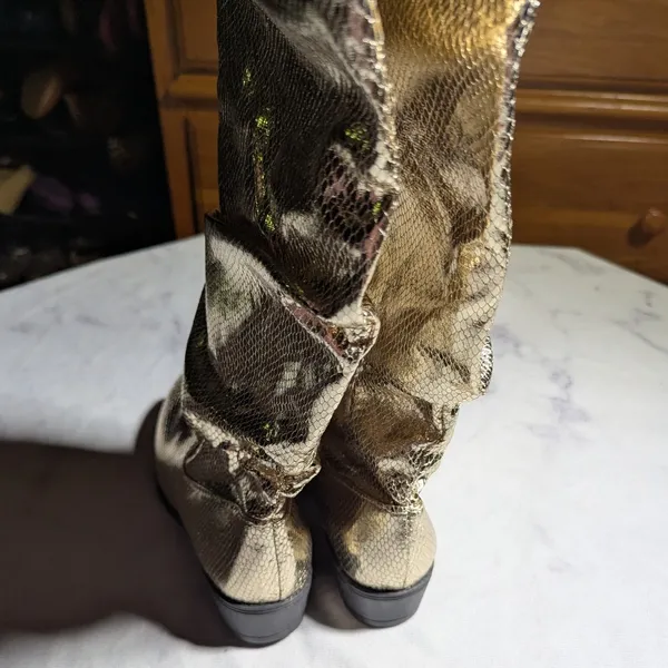 Gold Metallic Snakeskin Textured Faux Leather Knee High Scrunch Boots 36 5.5 - Image 3