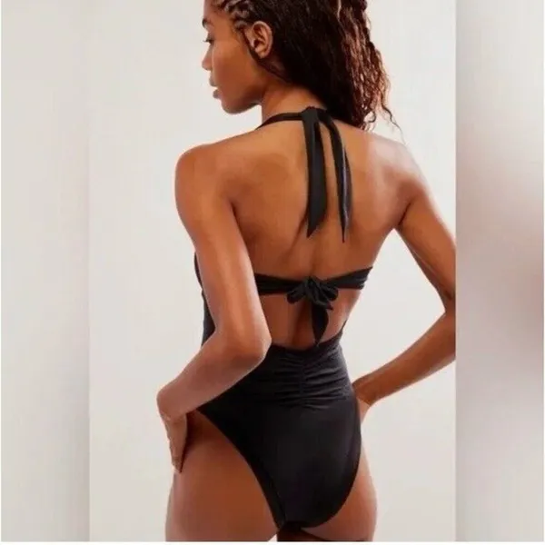 We Are‎ HAH Size S Pull Thru 1 Piece Bodysuit Swimsuit Black Cheeky Halter NEW - Image 2