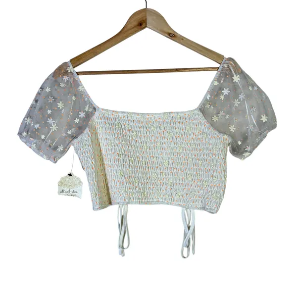 Altard State Floral Embroidered Mesh Ruched Crop Top Cream Large NWT - Image 4