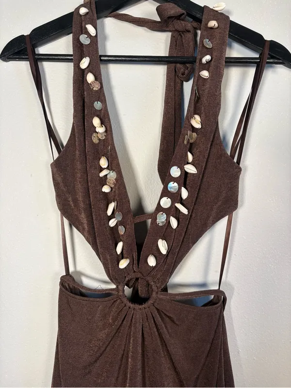 Windsor Brown Shell-Trim Halter Mini Dress - Image 2