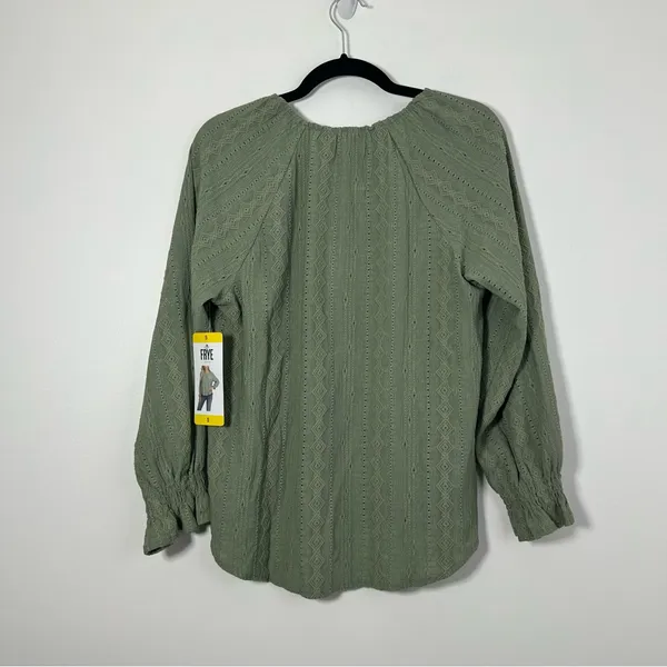 Frye Embroidered Boho Blouse Smocked Cuff Split Neck Green Long Sleeve S NWT - Image 4