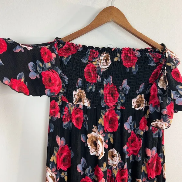 Altar'd State Maxi Dress S Black Red Rose Floral Smocked Off The Shoulder Boho‎ - Image 3
