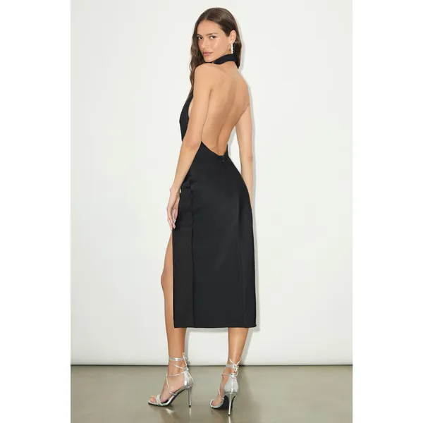 Lulus Beyond Classy Black Satin Halter Midi Dress Party Holiday Wedding Medium - Image 3
