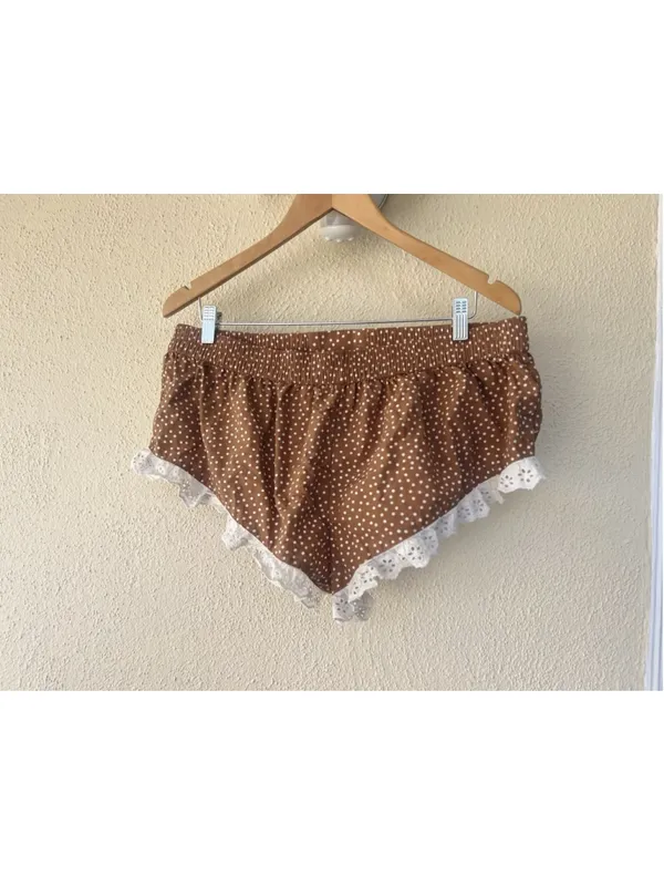 Anthropologie Brown Polka Dot Eyelet Micro Mini PJ Shorts Large Cottage Prairie - Image 4