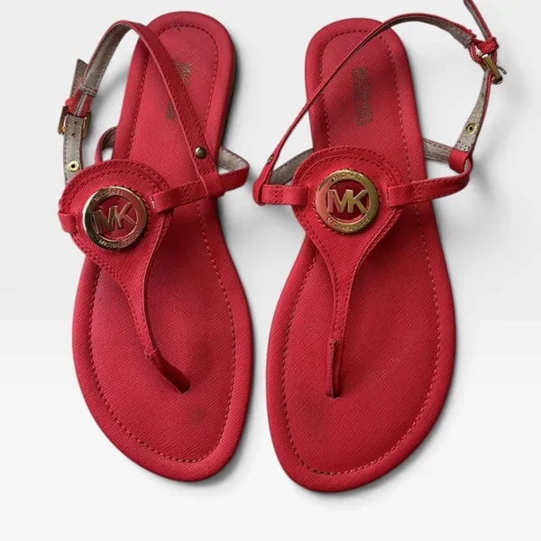 Michael Kors Plate Thong Sandals Red Saffiano Gold Logo Medallion 7.5M RN17A - Image 5