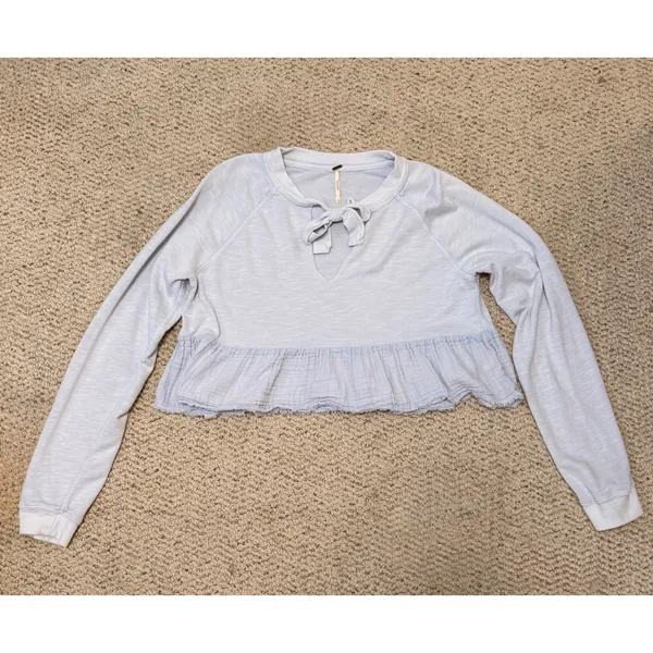 Free People Sweet Jane Pullover Top Blue Tie Neck Ruffle Hem Boho Medium - Image 2