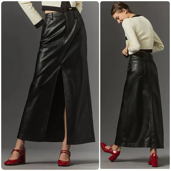 Pilcro Anthropologie Womens Black Faux Leather The Madi Front Slit Maxi Skirt 2 - Image 2