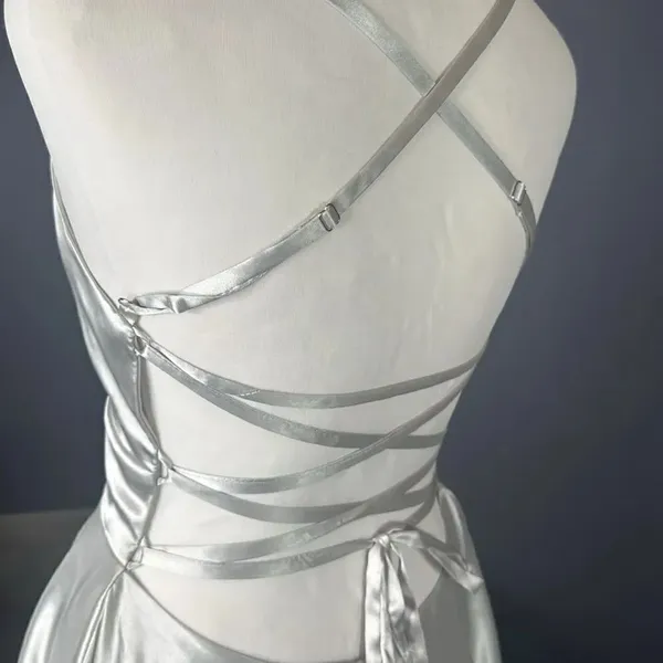 Women’s Silver Satin Short Prom Party Dress Spaghetti Straps Size 6 *READ - Image 5