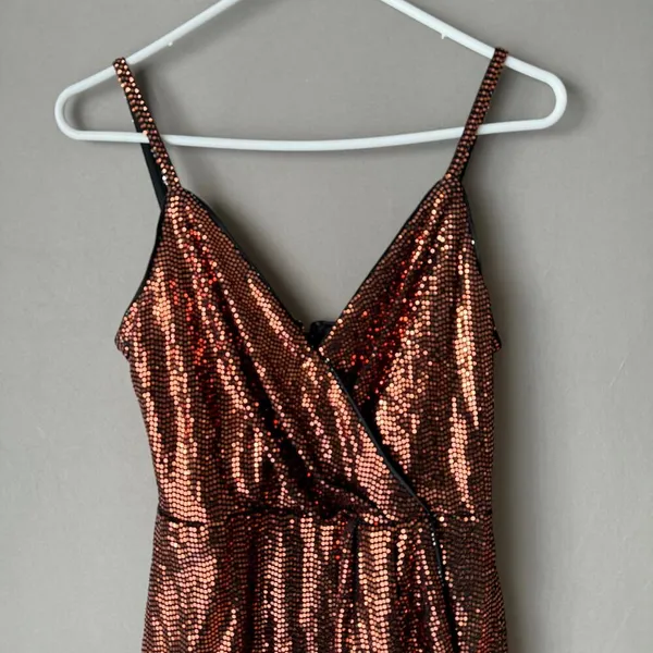 GUESS Moody MobWife Holiday Metallic‎ Sequin Wrap Mini Dress 4 Copper - Image 2