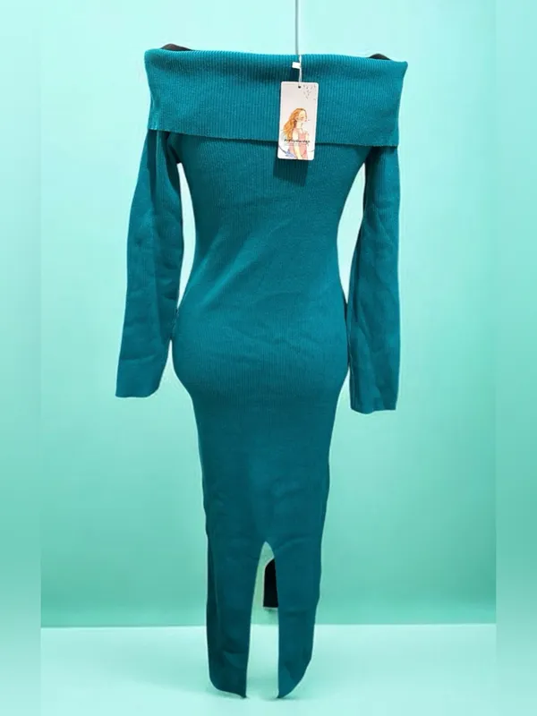 PRETTYGARDEN Off-Shoulder Teal Maxi Ribbed Dress - Image 3