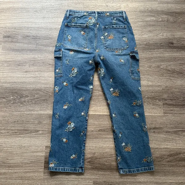 DRIFTWOOD Blue Floral Embroidered Cropped Jeans Royce Straight Leg Cargo Denim - Image 3