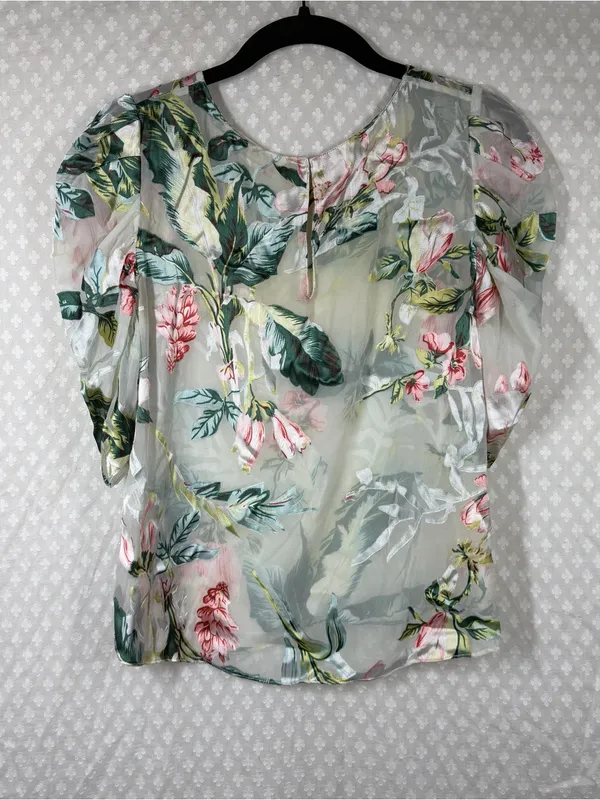 Amanda Uprichard Green Pink White Sheer Floral Puff Sleeve Top - Image 7