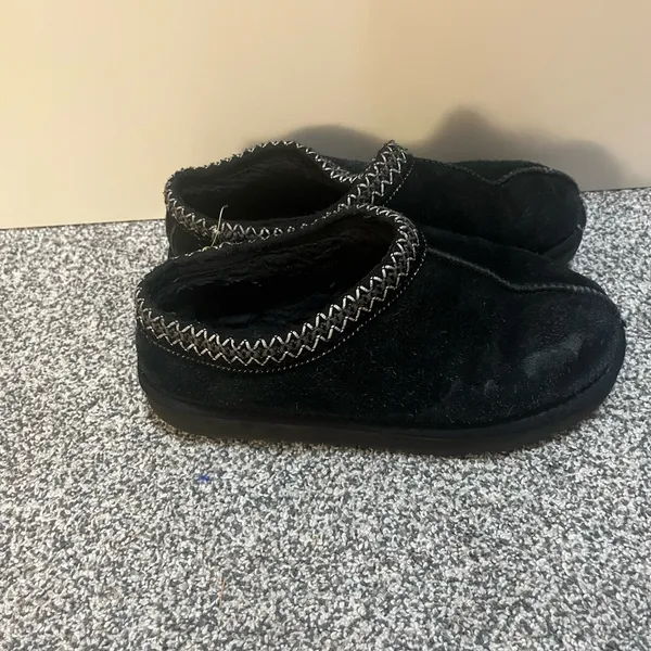 UGG Black Suede Slippers with White Stitching - Image 2