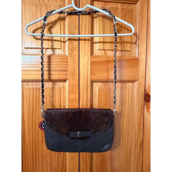 Estro Versa Italy Black Leather Brown Snakeskin Crossbody Bag Vera Pelle - Image 2