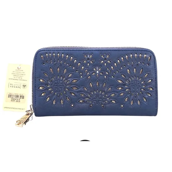 Urban Expression Beckette Wallet Women OS Denim Blue NEW Vegan Floral Laser Cut - Image 4