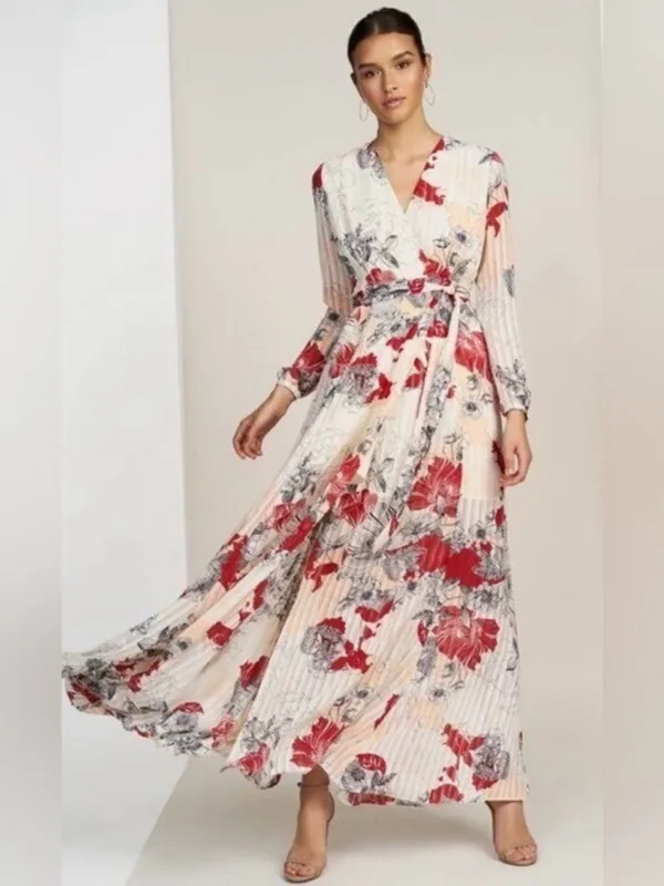 Anthropologie Hutch Giselle Floral Chiffon‎ Wrap Maxi Dress Red Jardin Sz Medium - Image 4