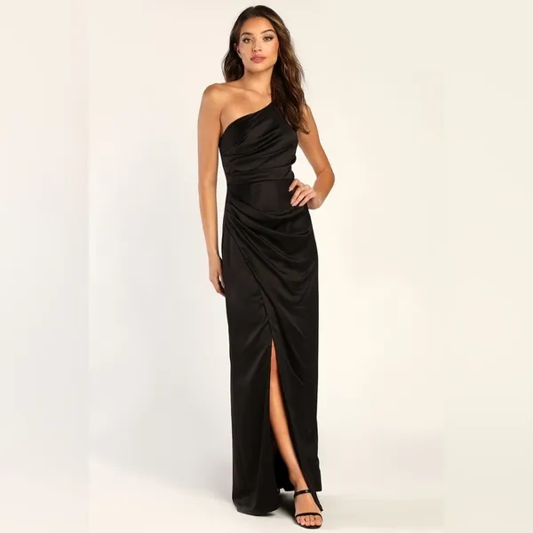 LULU’S Dreaming Of Elegance Black Satin One-Shoulder Maxi Dress - Image 3