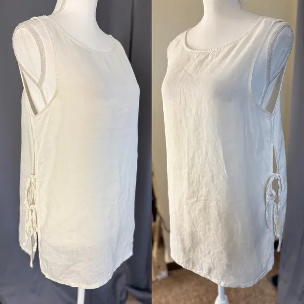 Rachel Zoe 100% Linen Tunic Top M Cream Lagenlook Coastal Side Tie Tank - Image 2