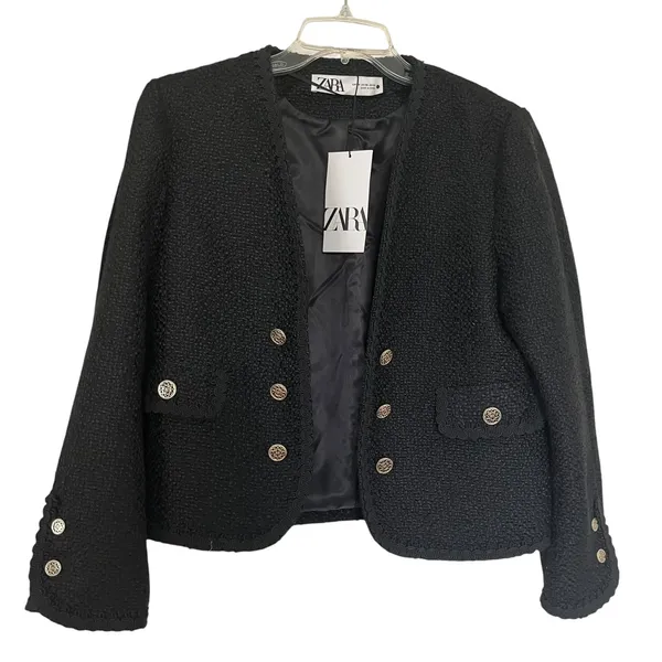 Zara Black Tweed Double Breasted Open Collarless Blazer Jacket Size XS NWT - Image 3
